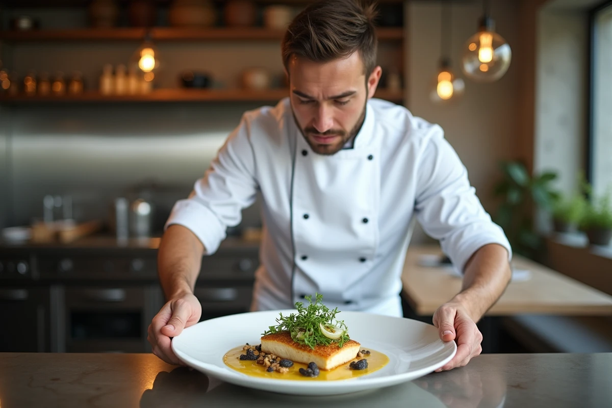 Chef cuisinier du Mans en train de dresser une assiette gastronomique de sandre local dans une cuisine ouverte contemporaine