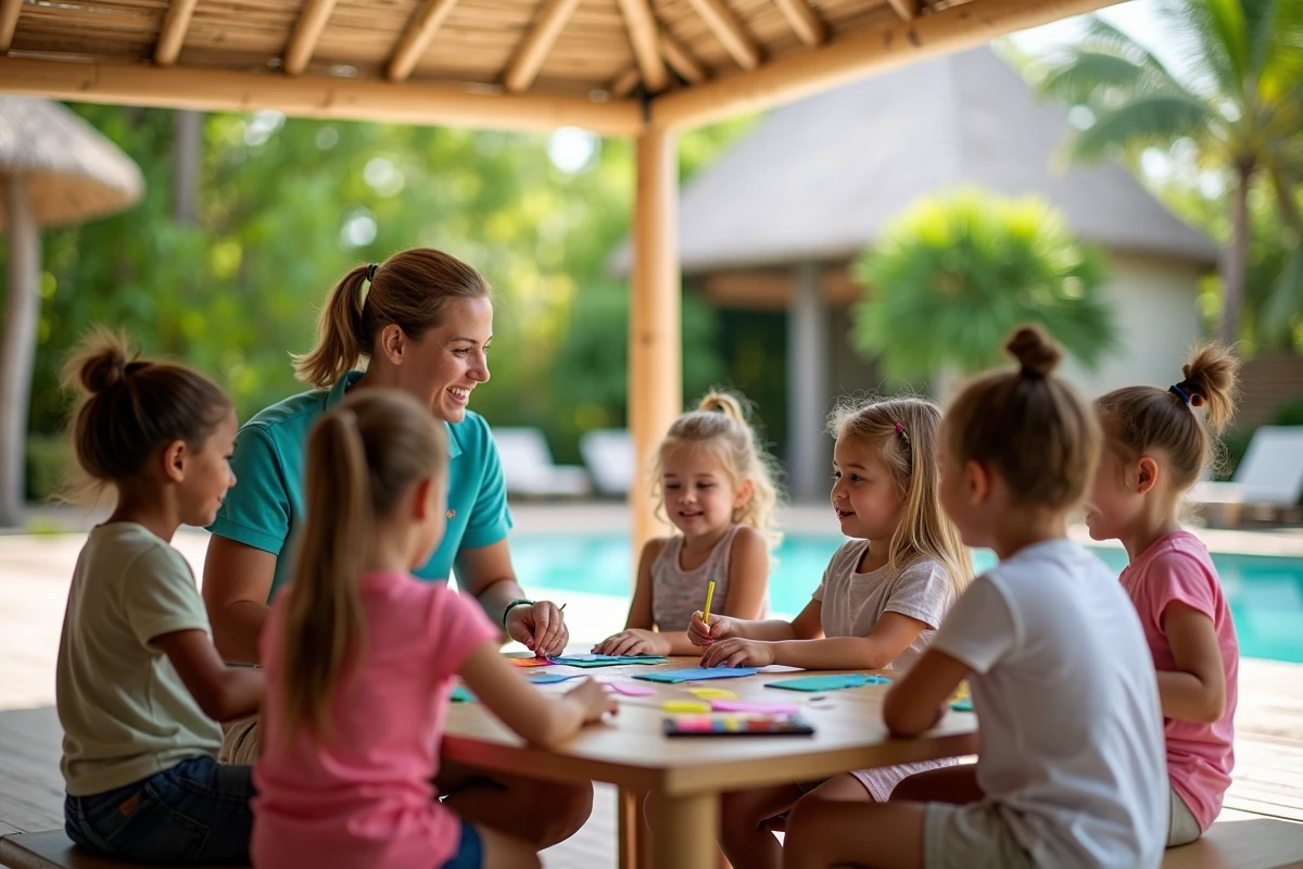Club enfants dans un resort 5 étoiles en Guadeloupe, animatrice accompagnant des enfants lors d'un atelier créatif en plein air sous un pavillon tropical