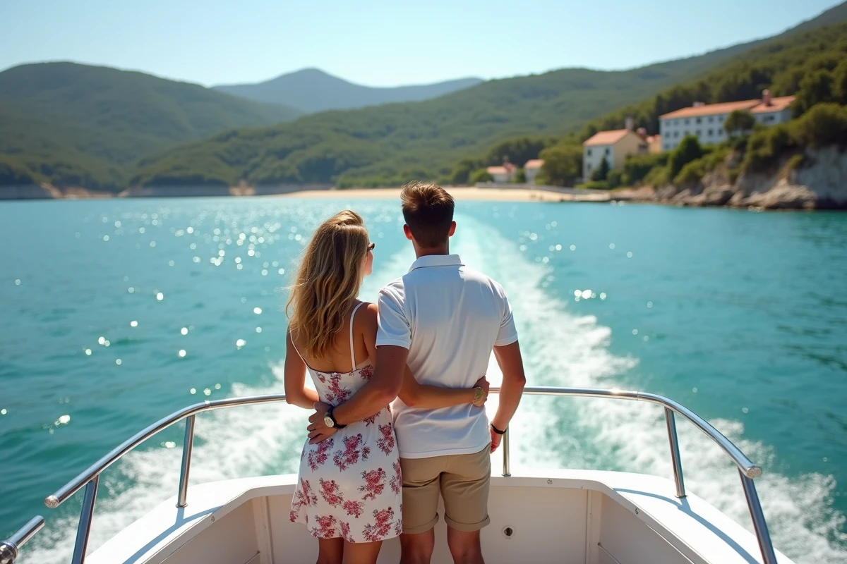 Couple à bord d'une navette bateau admirant l'île de Porquerolles qui se profile à l'horizon