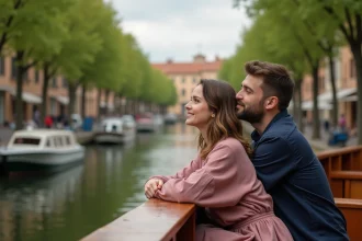 Couple romantique sur le pont en bois d'une péniche amarrée le long du Canal du Midi à Toulouse, encadrés par les platanes et les reflets de l'eau