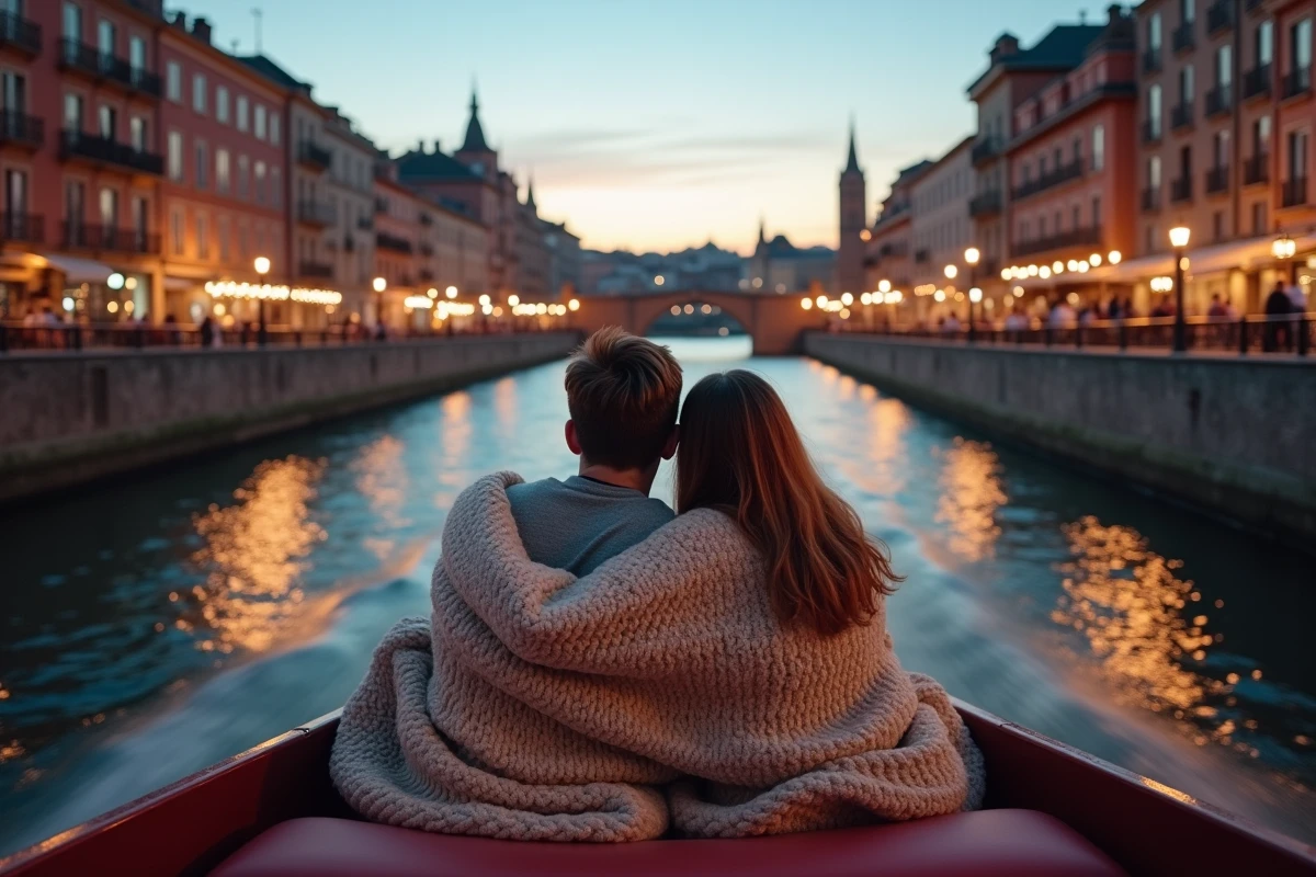 Couple enveloppé dans un plaid sur la proue d'une péniche naviguant sur la Garonne au crépuscule, avec l'architecture en brique rose de Toulouse en arrière-plan