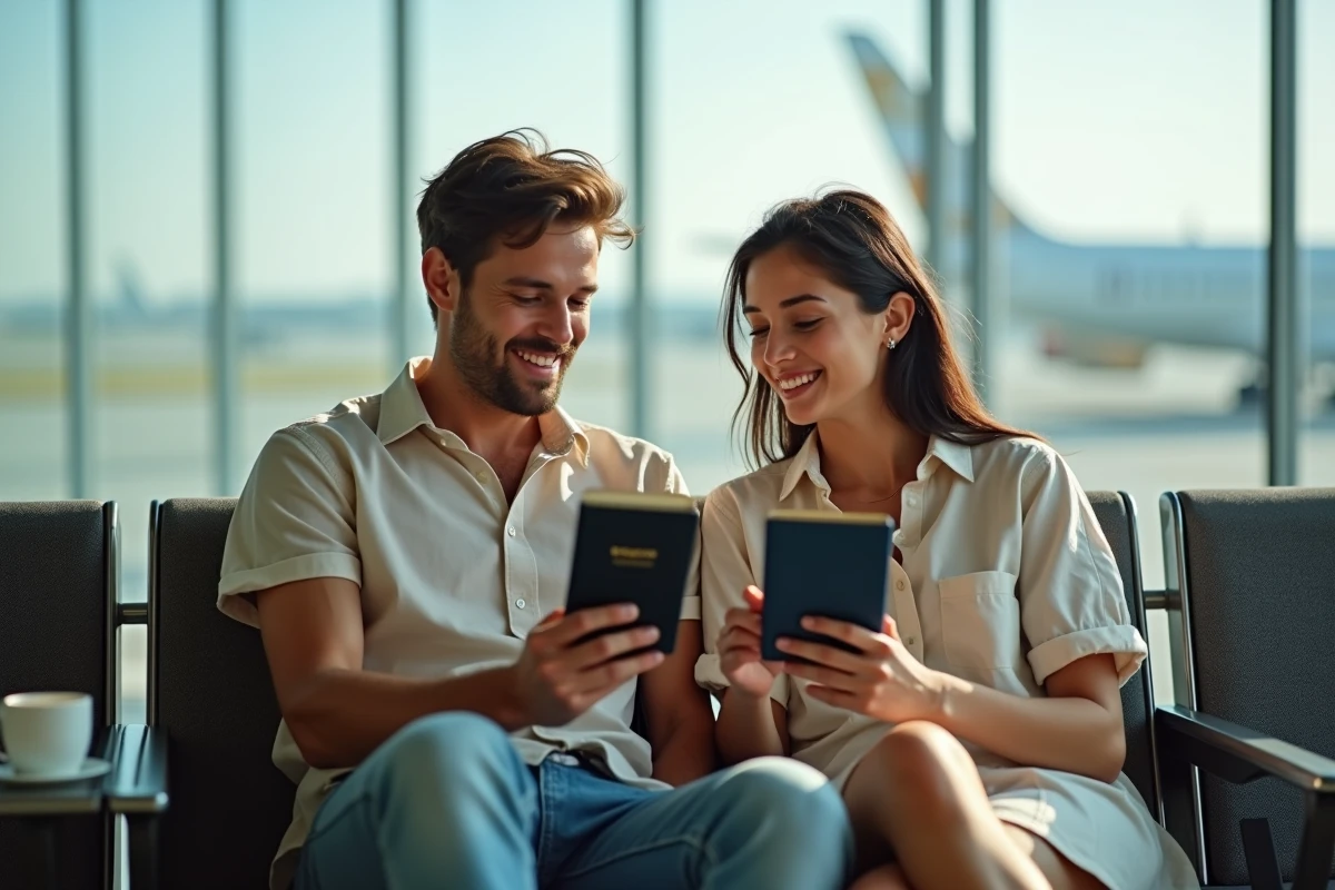 Couple de voyageurs vérifiant passeports et billets d'avion électroniques avant le départ pour le Maroc