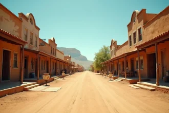 Rue principale d'un décor western en Espagne avec façades en bois vieilli et terre battue poussiéreuse à Almería
