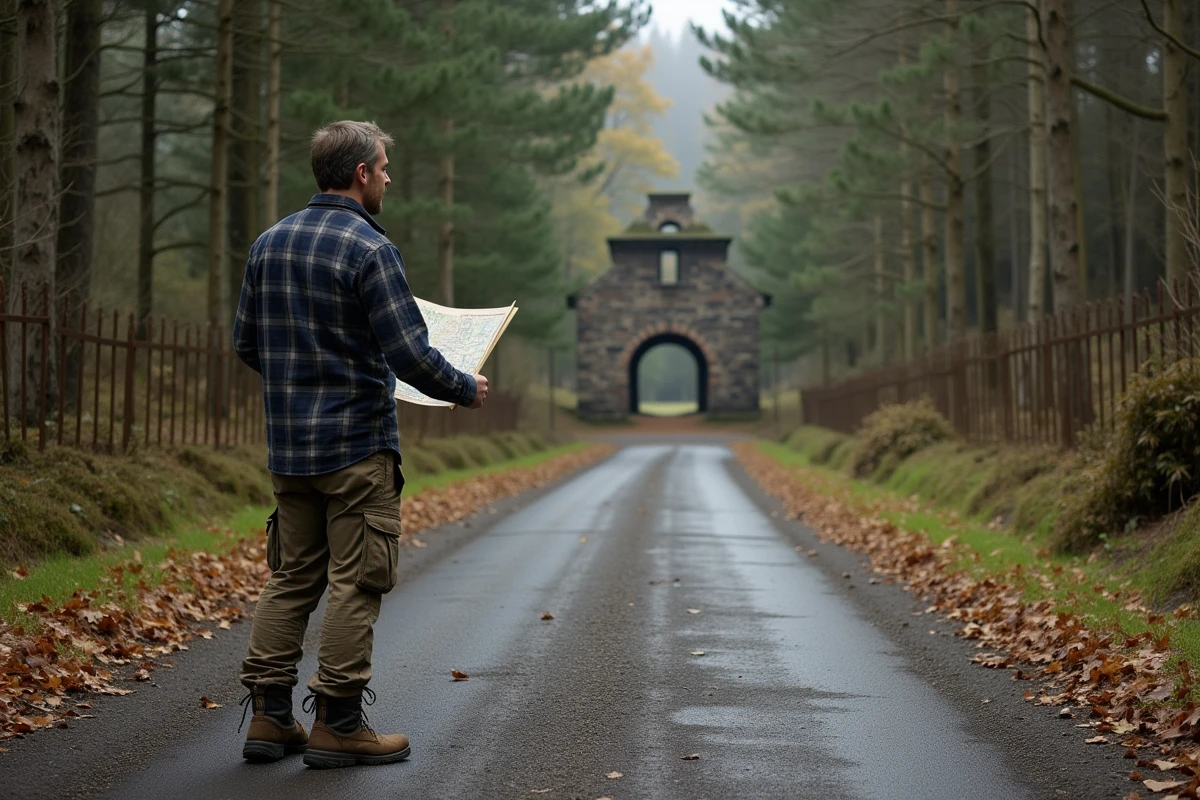 Explorateur tenant une carte cadastrale face aux ruines d'une ville abandonnée en forêt