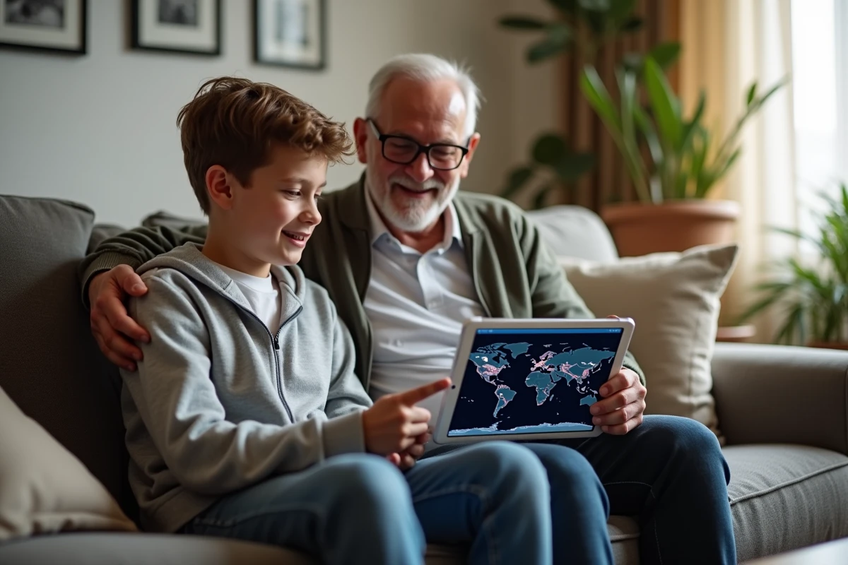 Grand-père et petit-fils regardant ensemble un site de suivi de vols en direct sur une tablette dans un salon