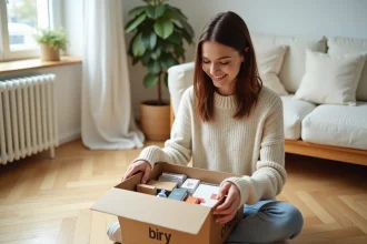 Femme déballant une box voyage abonnement sur un parquet en bois dans un salon scandinave épuré