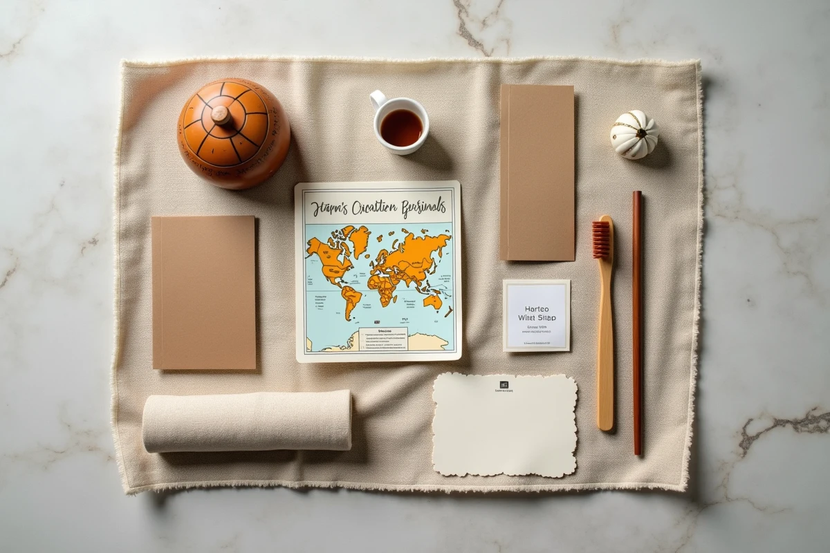 Flat-lay des articles d'une box voyage abonnement disposés sur tissu lin avec accessoires de voyage artisanaux