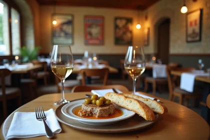 Assiette de rillettes du Mans servie dans un bistrot traditionnel avec baguette et cornichons, décor en pierre et poutres apparentes