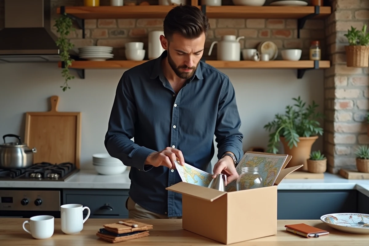 Homme examinant le contenu d'une box voyage sur un comptoir de cuisine en bois avec accessoires de voyage