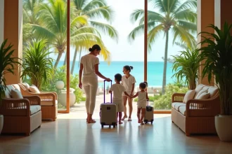Hall d'accueil d'un hôtel 5 étoiles en Guadeloupe avec une famille accueillie par une concierge souriante, vue sur la mer des Caraïbes en arrière-plan