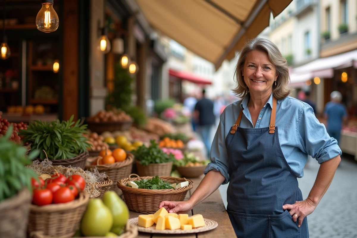 Marchande de produits locaux sur un marché en plein air dans le centre historique du Mans avec fromages et charcuterie artisanaux