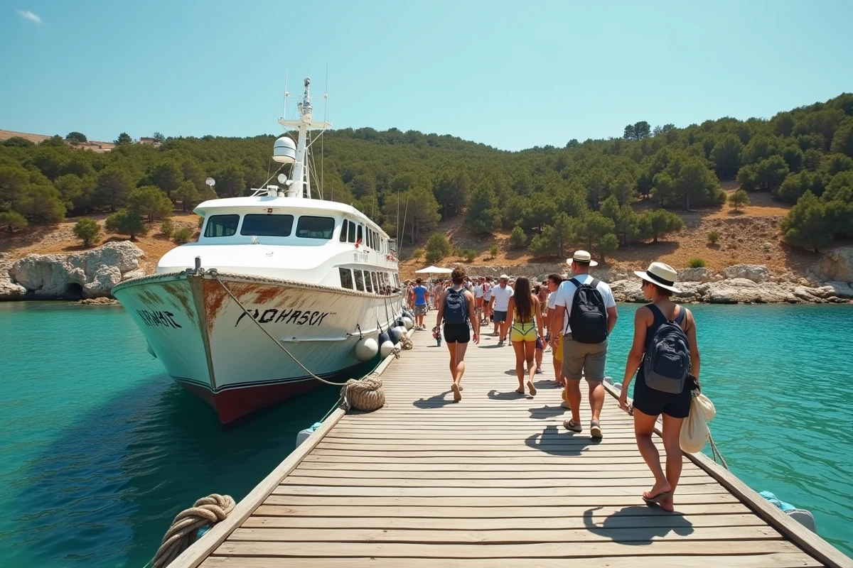 File d'attente de touristes sur l'embarcadère pour monter à bord de la navette bateau vers Porquerolles