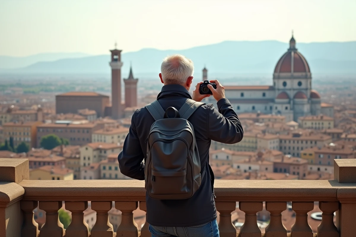 Homme photographiant le panorama de Sienne depuis le belvédère du Facciatone avec la cathédrale et les toits en tuiles