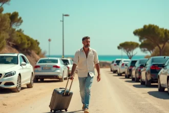Homme tirant une valise dans un parking proche de la presqu'île de Giens avant de prendre la navette pour Porquerolles