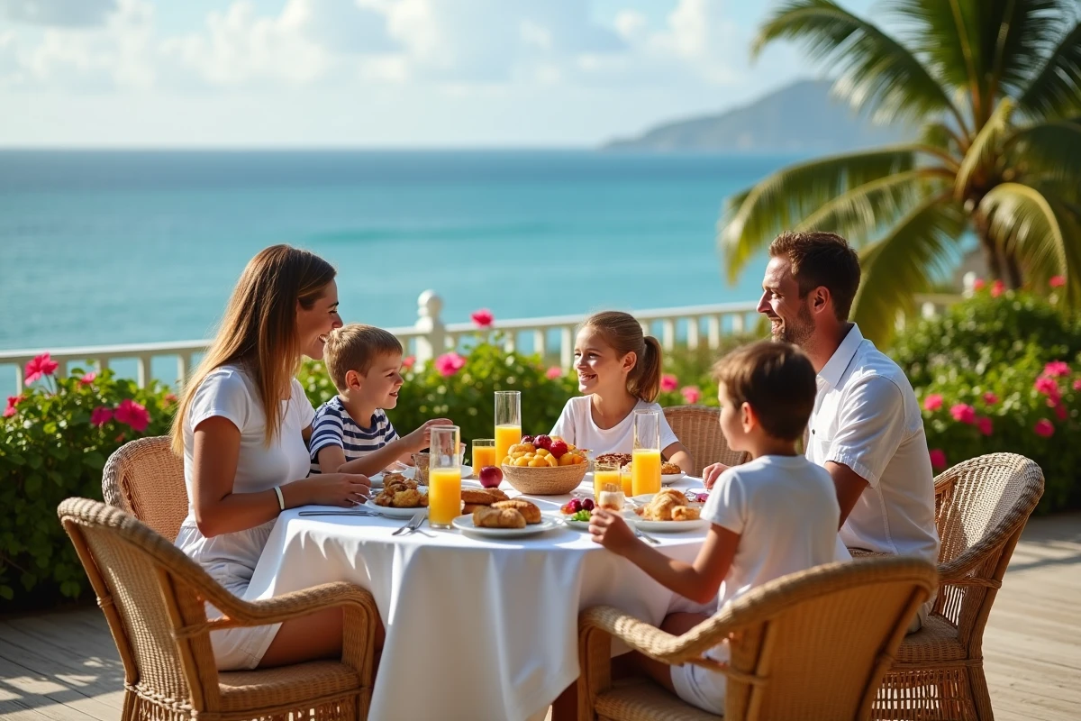 Famille prenant le petit-déjeuner sur la terrasse privée d'une suite d'hôtel 5 étoiles en Guadeloupe avec vue panoramique sur la mer des Caraïbes