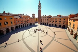Vue aérienne de la Piazza del Campo à Sienne avec la Torre del Mangia et les façades médiévales ocre