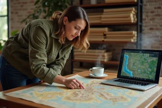 Femme explorant des cartes topographiques et archives numériques pour repérer des villes abandonnées