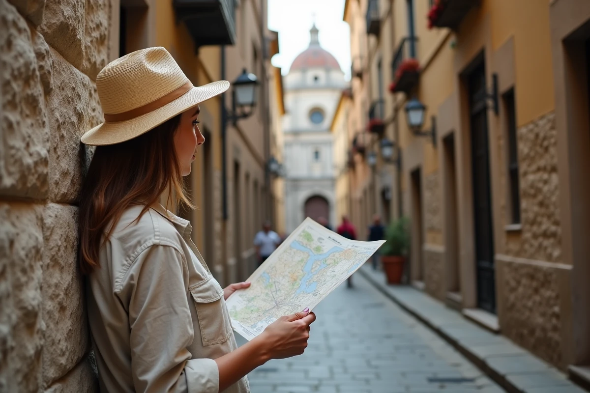 Voyageuse consultant une carte dans une ruelle médiévale de Sienne avec la cathédrale en arrière-plan