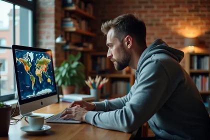 Homme consultant un site de suivi d'avions en direct sur un ordinateur portable dans un bureau à domicile