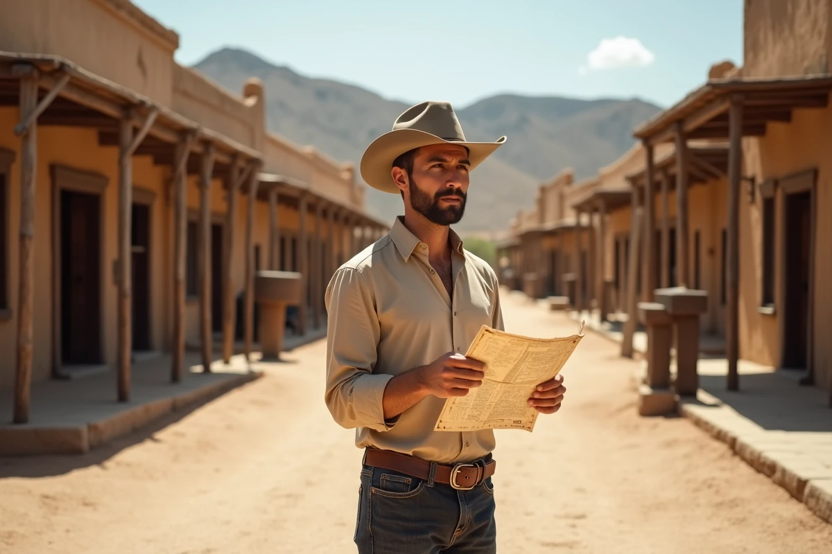 Touriste explorant un décor de film western en Espagne avec bâtiments historiques et paysage aride en arrière-plan