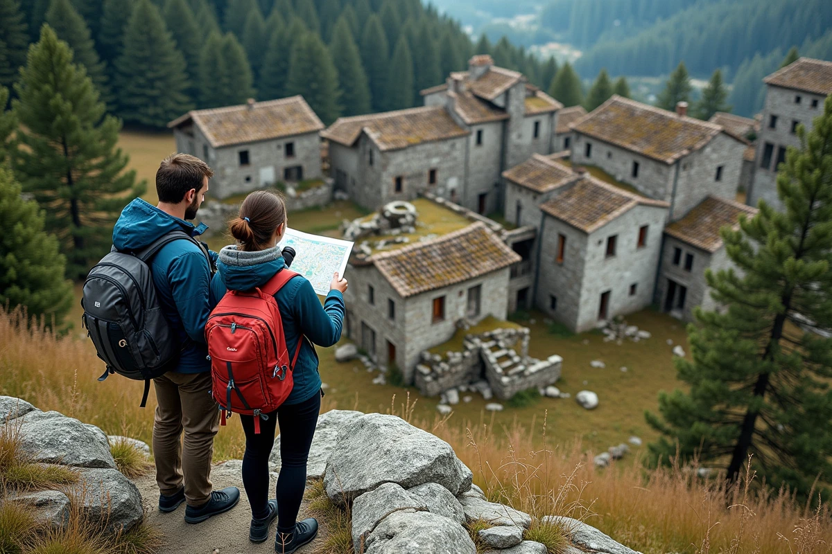 Deux randonneurs observant depuis une colline les ruines d'un village abandonné dans les montagnes françaises avec carte et jumelles