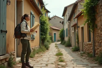 Femme explorant une rue abandonnée dans un village en ruines de Provence, maisons en pierre avec volets délabrés et lierre envahissant
