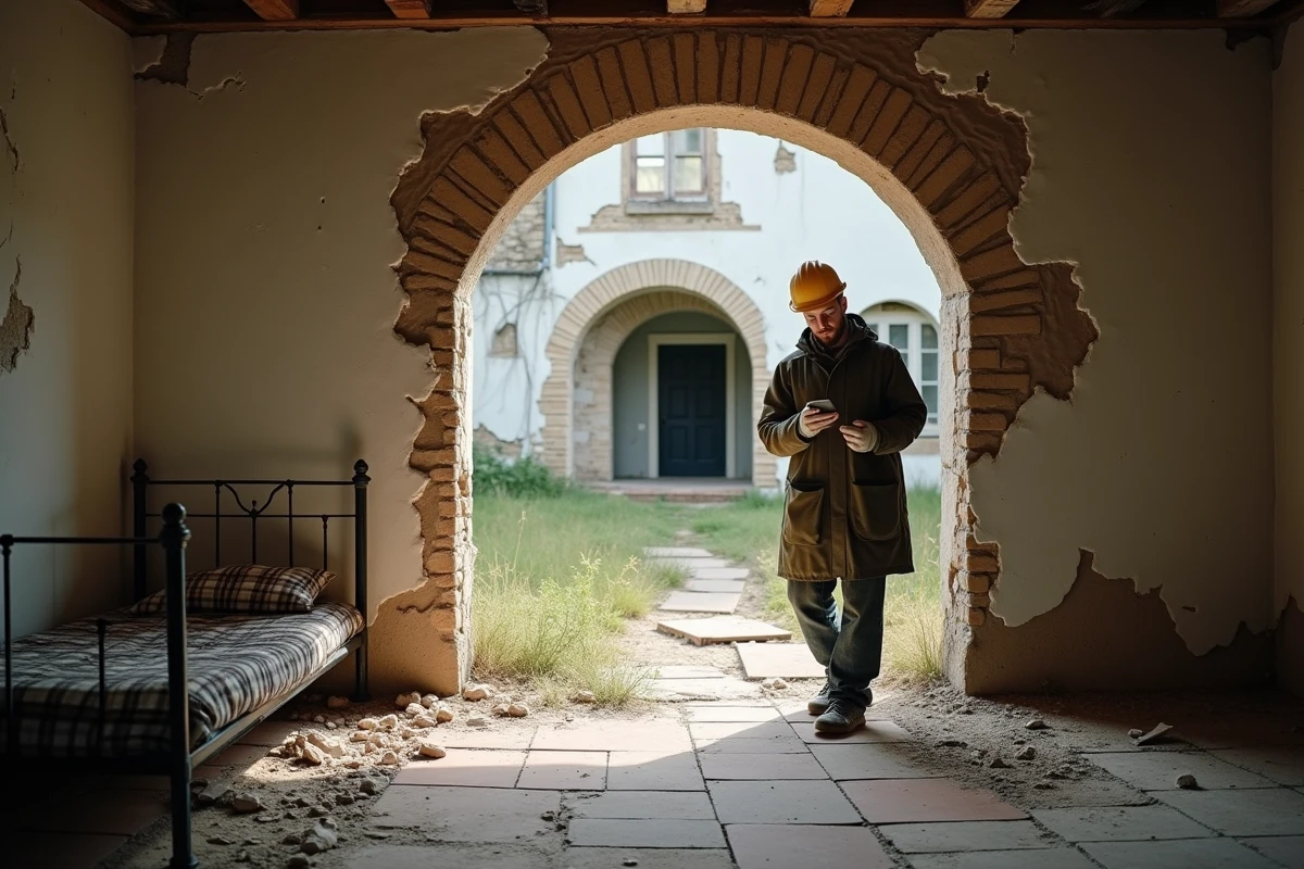 Homme équipé d'un casque inspectant l'intérieur délabré d'une ferme abandonnée dans un village français en ruines