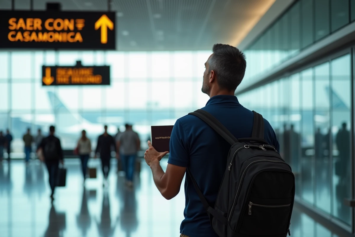 Voyageur consultant son passeport dans un terminal d'aéroport international avant un vol pour le Maroc