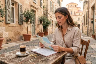 Voyageuse consultant son budget de voyage à une terrasse de café à Thessalonique, Grèce Macédoine