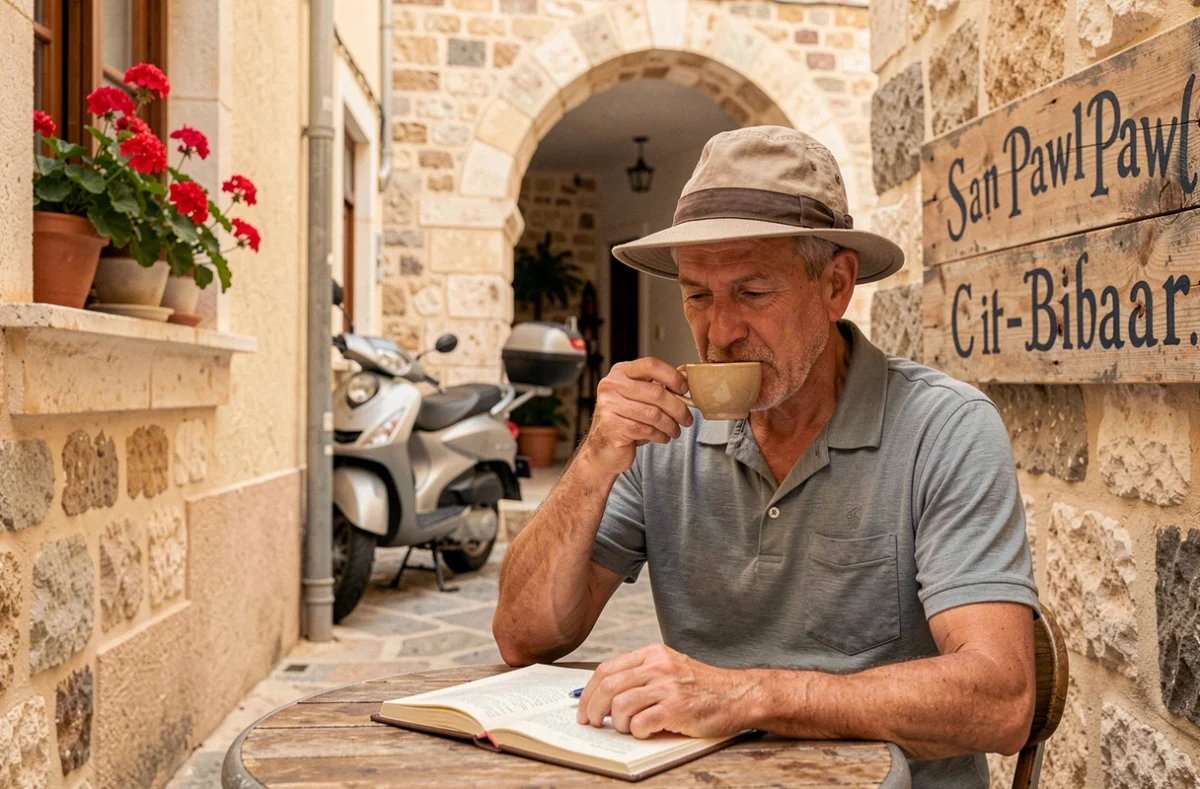 Voyageur prenant un café en terrasse dans un village maltais typique lors d'un road trip à San Pawl il-Bahar