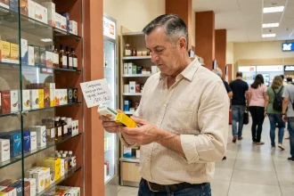 Un homme d'âge moyen examine une cartouche de cigarettes dans une boutique duty-free d'un aéroport espagnol