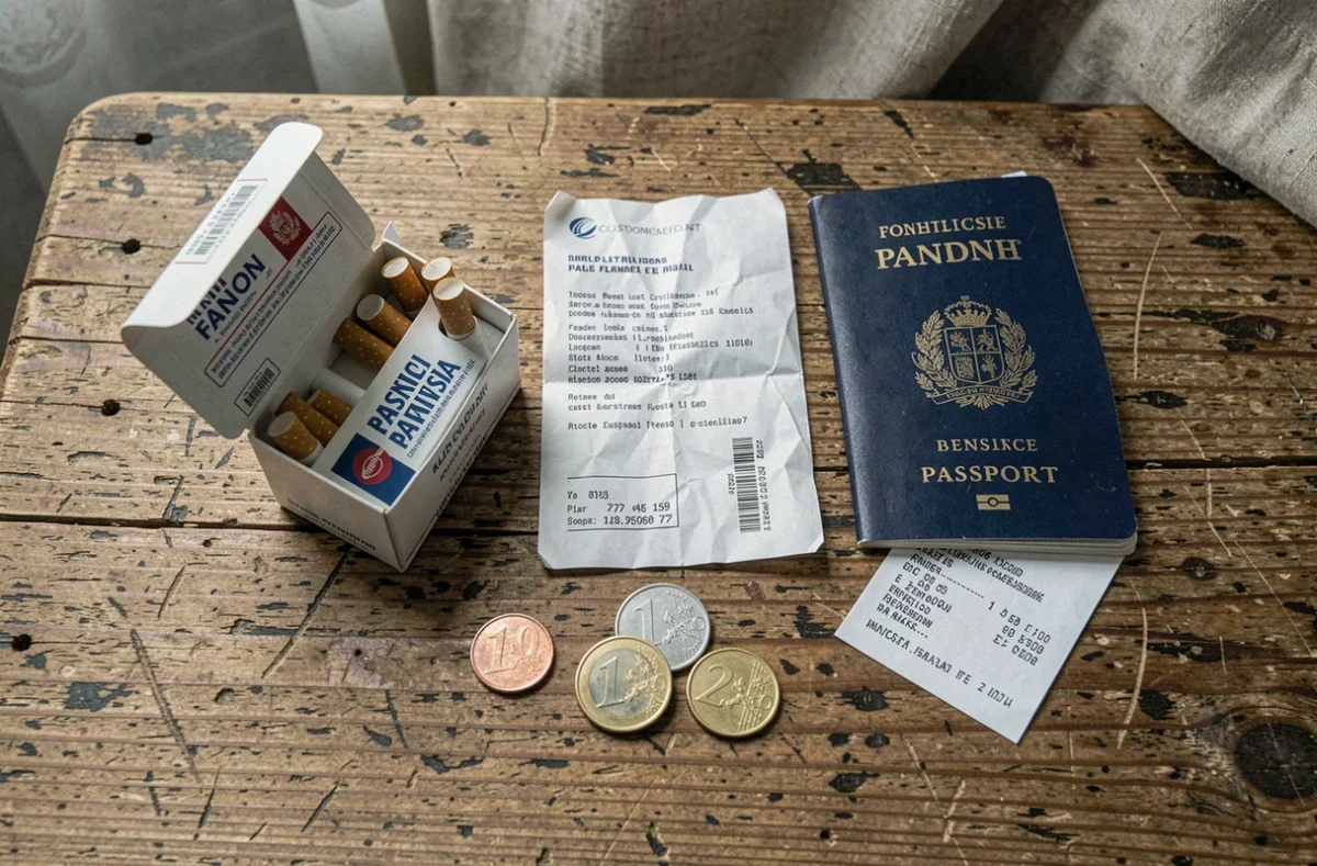 Vue de dessus d'une cartouche de cigarettes espagnole avec formulaire douanier, passeport français et reçu d'achat sur une table en bois