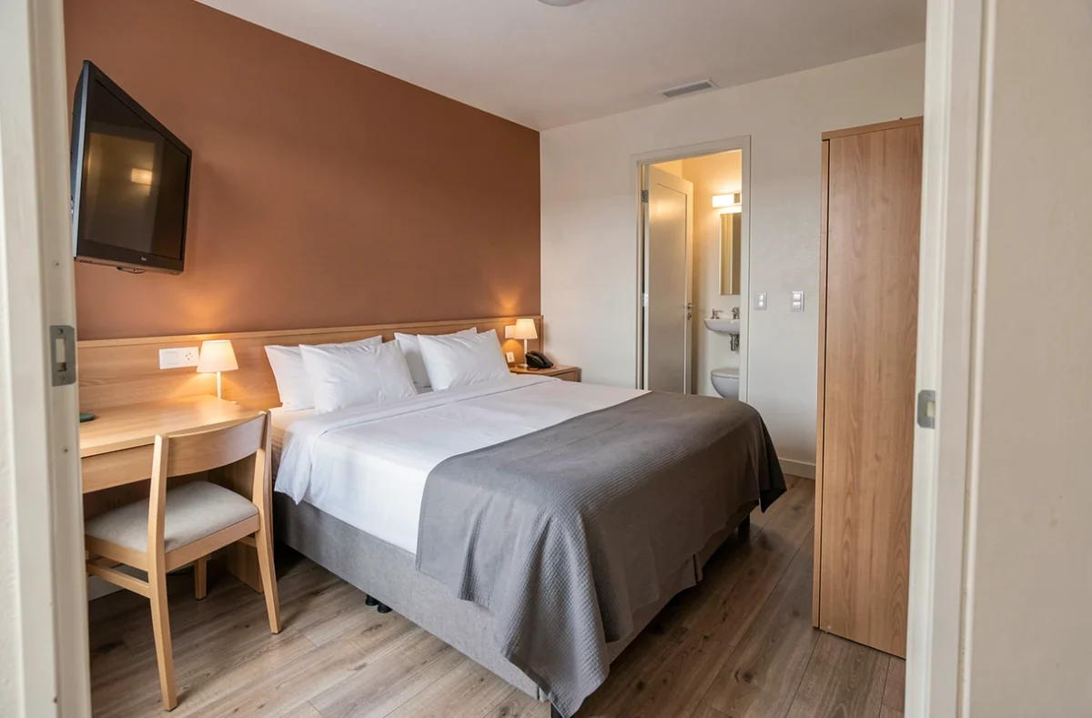 Chambre standard de l'hôtel ibis à Fécamp avec lit double et bureau, décoration sobre et moderne