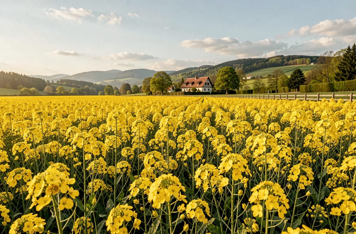 Champ de colza en fleurs jaunes avec vue sur les collines des Vosges au printemps dans le Bas-Rhin alsacien