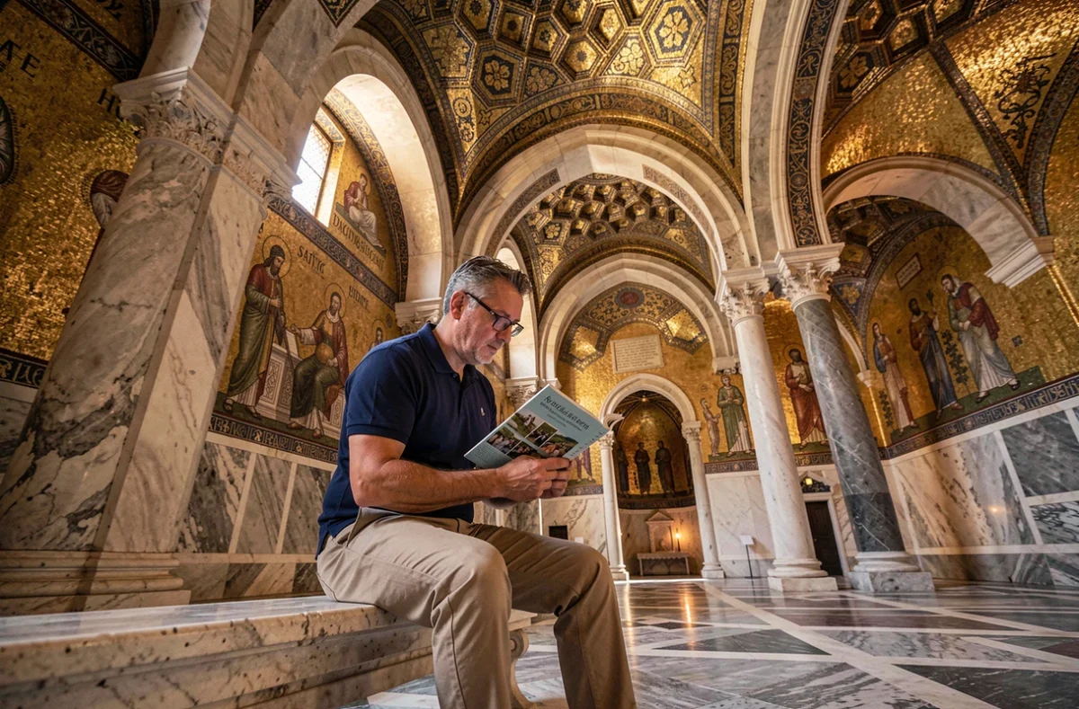 Touriste consultant un guide à l'intérieur de la Chapelle Palatine du Palais des Normands, mosaïques byzantines dorées visibles