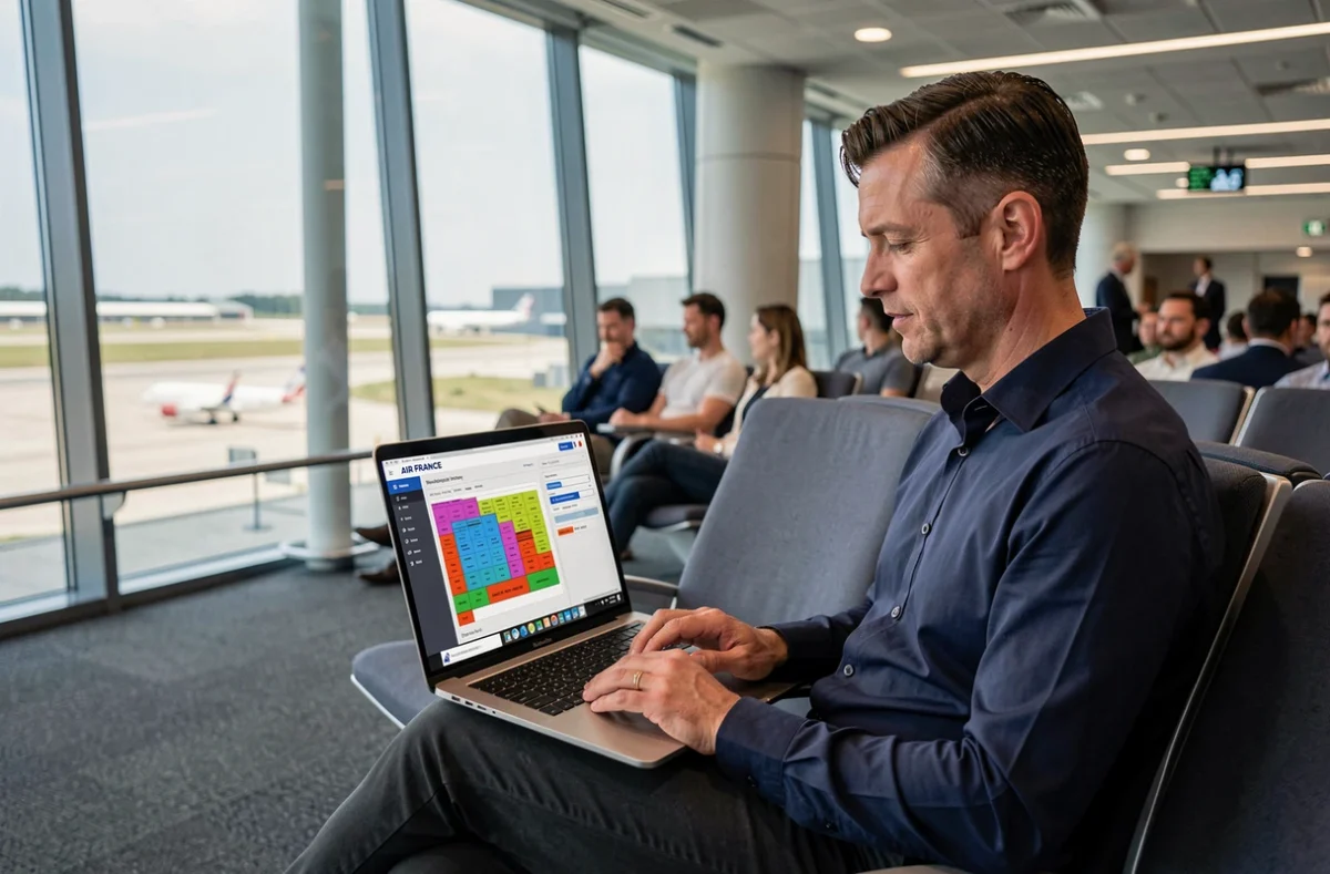 Homme choisissant son siège en ligne sur une interface Air France depuis la salle d'embarquement