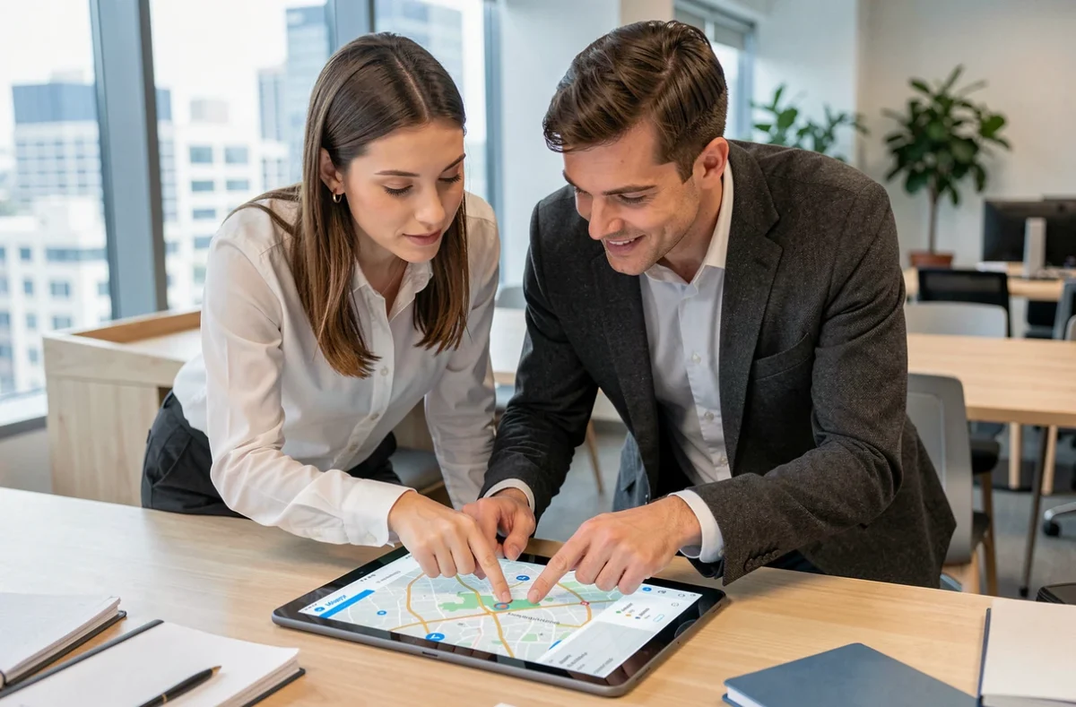 Deux collègues planifiant un itinéraire professionnel sur Mappy depuis une tablette au bureau