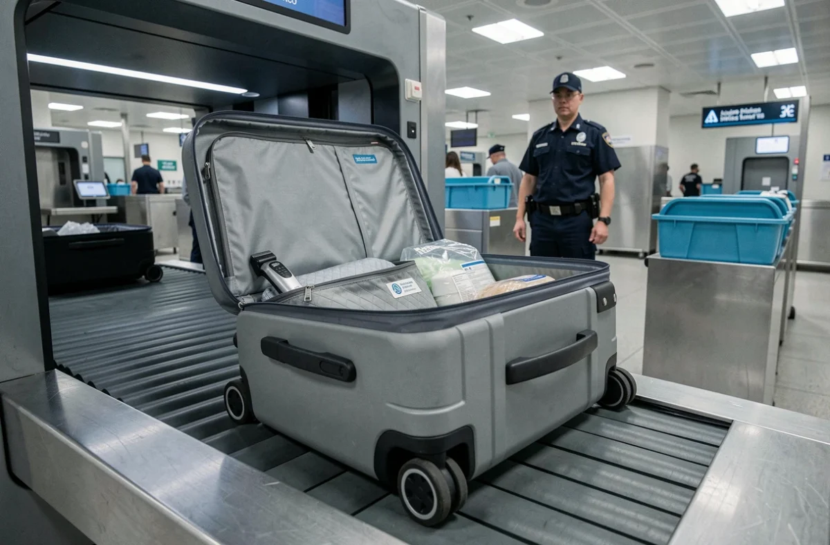 Valise cabine ouverte avec rasoir électrique sur tapis de contrôle de sécurité à l'aéroport