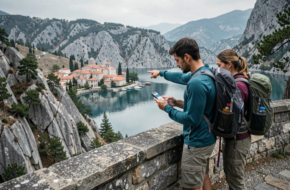 Couple de voyageurs consultant leur budget sur smartphone devant le lac de Kastoria en Macédoine grecque