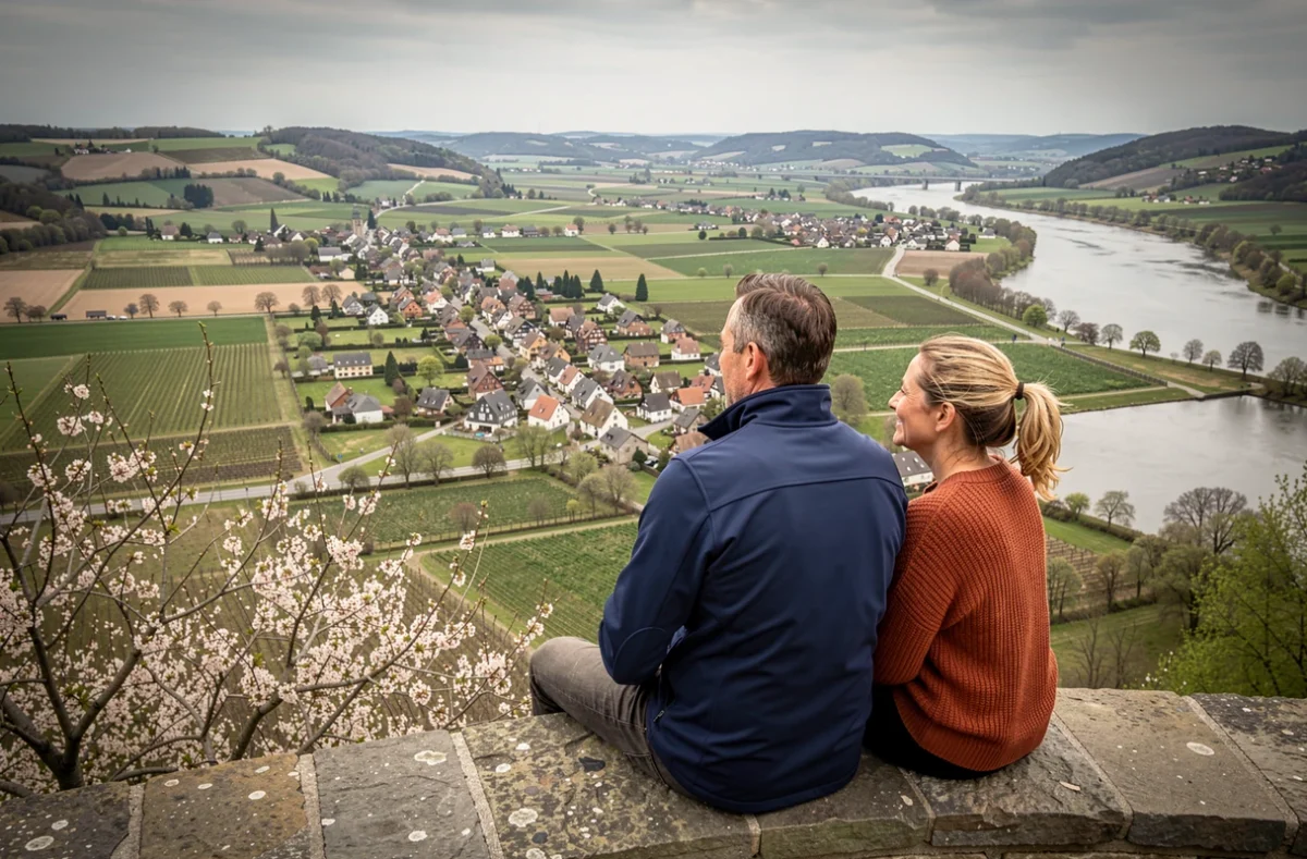 Couple en randonnée sur un belvédère avec vue panoramique sur la plaine d'Alsace et les villages au printemps dans le Bas-Rhin