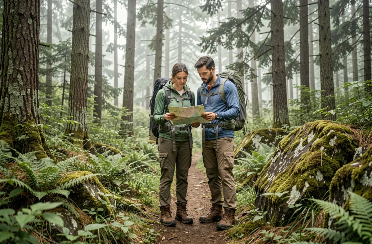 Couple de randonneurs explorant un sentier naturel en forêt pendant les vacances d'août à petit budget