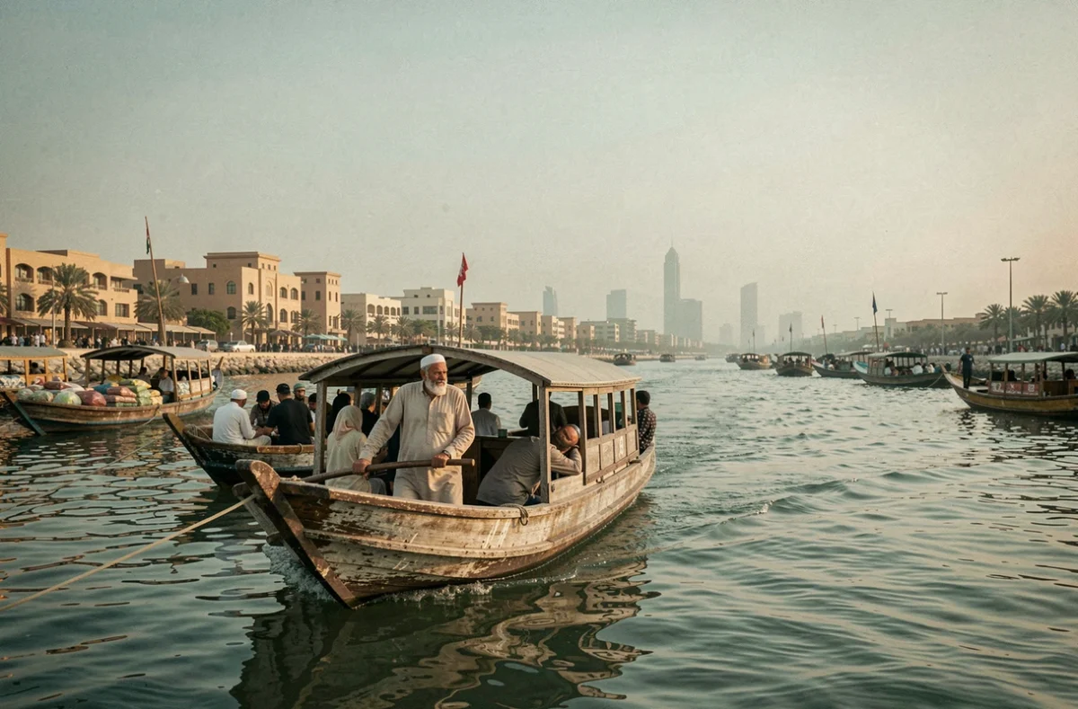Traversée en abra sur le Creek de Dubaï à Deira avec un batelier traditionnel et des boutres amarrés le long des quais historiques