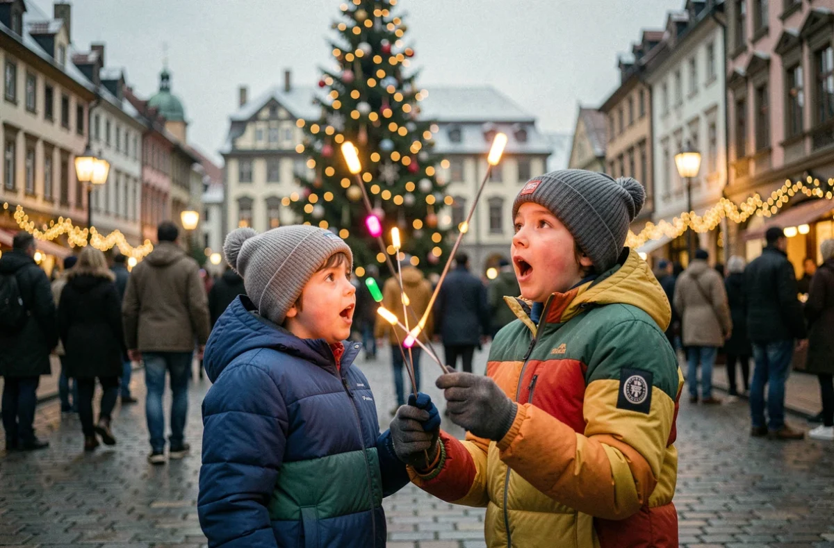 Deux enfants émerveillés devant un spectacle de rue place Kléber à Strasbourg lors du Nouvel An