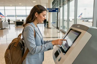 Femme effectuant son enregistrement Air France sur une borne interactive dans un terminal d'aéroport moderne