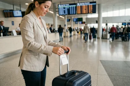 Femme attachant une étiquette valise imprimée sur un bagage à l'aéroport avant l'embarquement