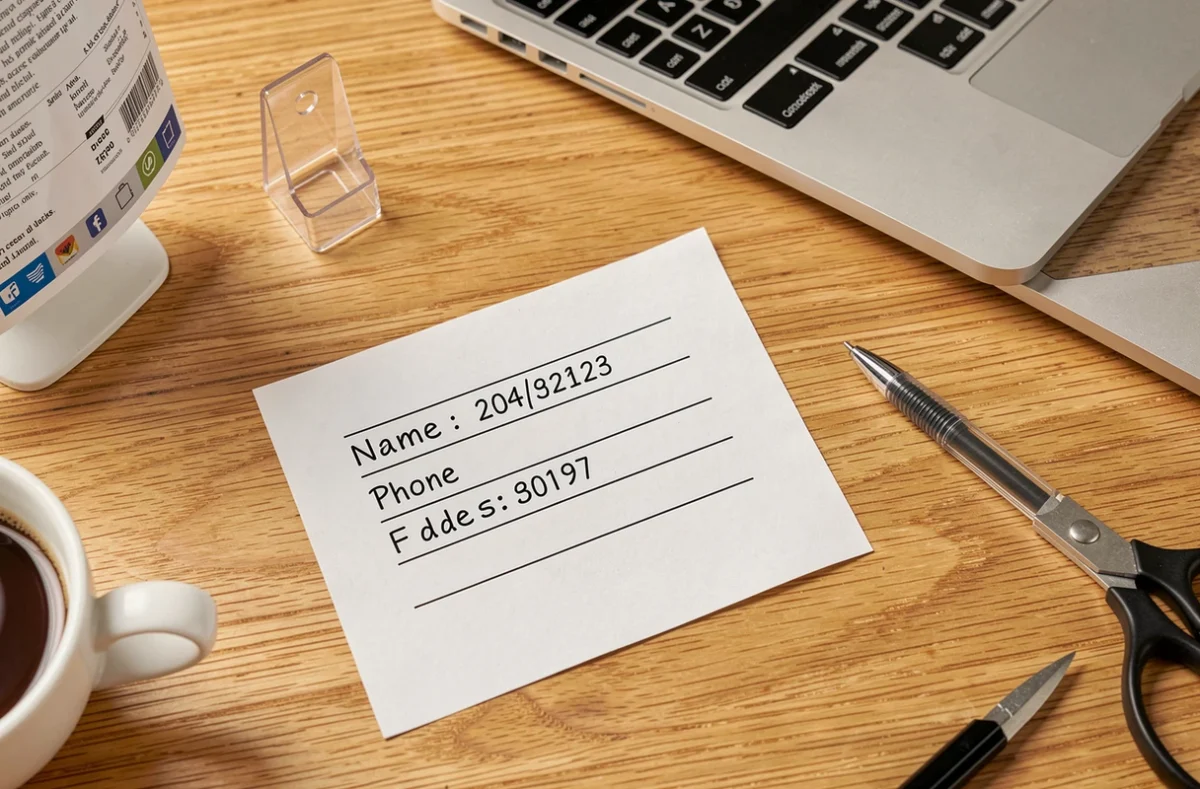 Étiquette valise imprimée en PDF posée sur un bureau avec ordinateur et porte-étiquette transparent