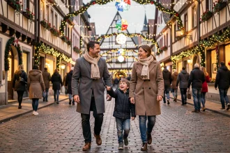 Famille se promenant dans les rues décorées de Strasbourg pour le Nouvel An avec deux enfants souriants