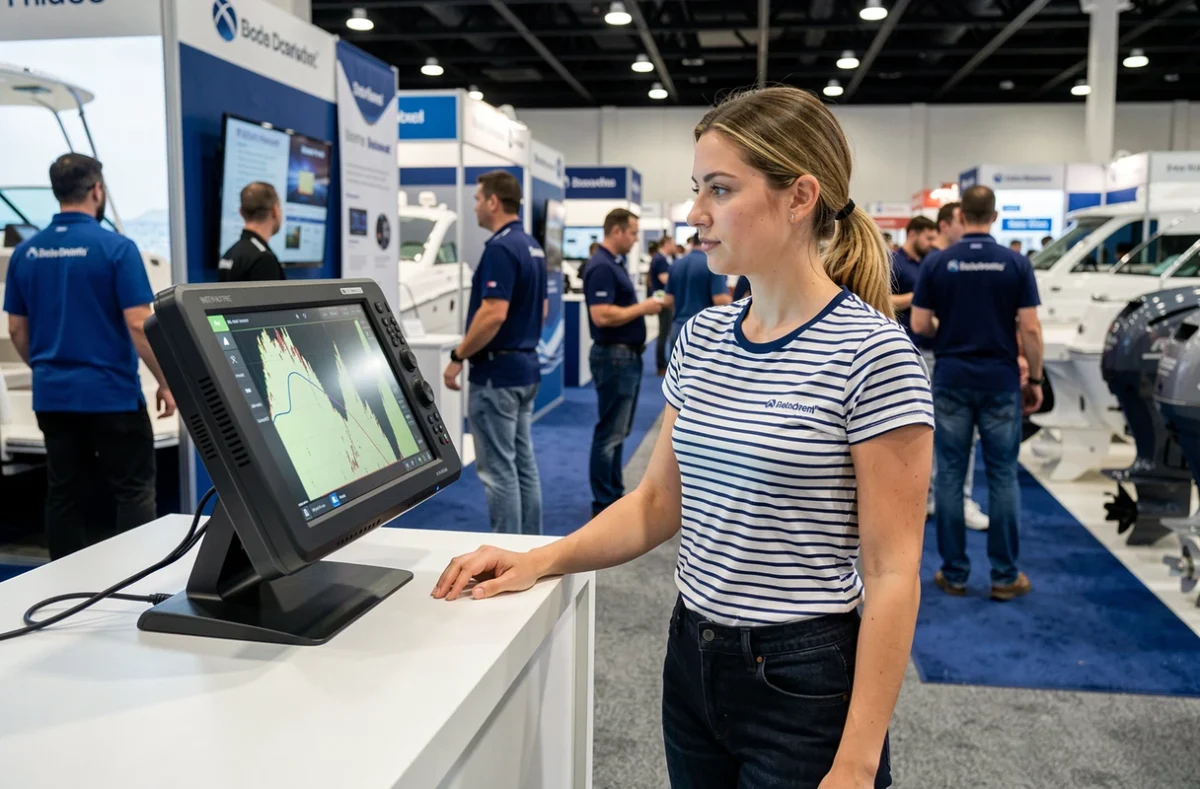 Femme découvrant les équipements de navigation électronique au Salon du Nautisme de Paris