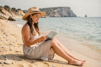 Jeune femme en robe en lin sur une plage méditerranéenne peu coûteuse, consultant un guide de voyage en août