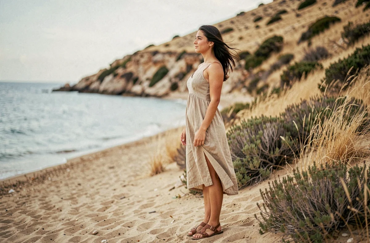 Femme sur une plage sauvage de Folégandros face à la mer Égée